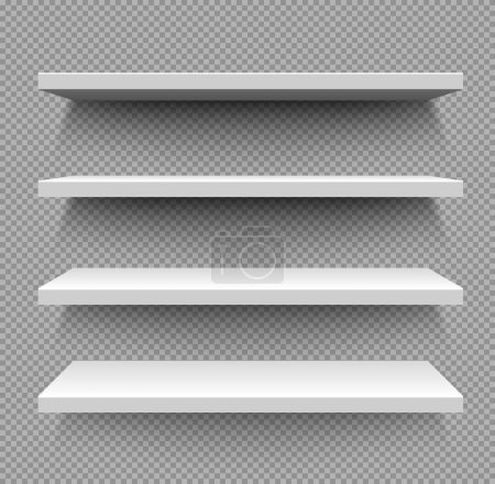 Illustration for White store shelves, vector blank empty shop showcase display for products. Metal or plastic supermarket retail stand. Bookcase store shopping merchandise market racks shelving realistic 3d mockup - Royalty Free Image