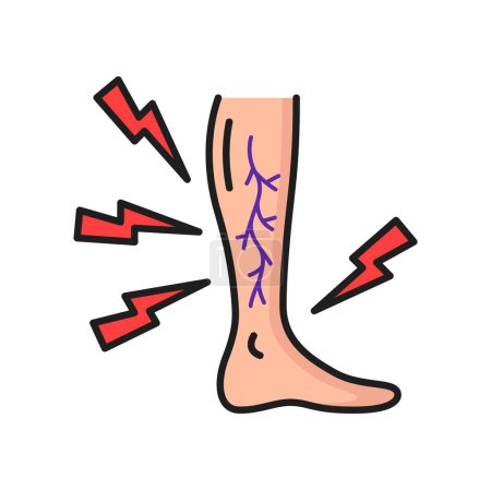 Illustration for Swelling pain in legs, varicose veins outline icon. Vector abnormal blood pressure, weak valves, thunder as pains sign. Vascular disease diagnostic and treatment - Royalty Free Image