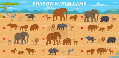 Illustration for Shadow match game. Cartoon african savannah animals. Vector worksheet with zebra, rhino, buffalo, elephant, lion, antelope, cheetah and hippo silhouettes in savanna. Educational activity for children - Royalty Free Image