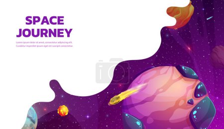 Space landing page, cartoon galaxy planets and asteroids, outer space vector website template. Space journey and spaceflight or galaxy exploration landing page layout with extraterrestrial planets