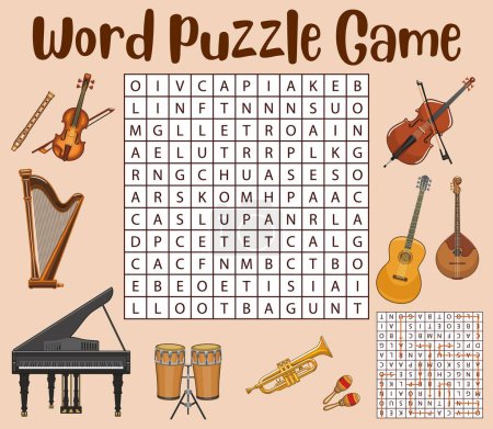 Illustration for Isolated musical instruments. Word search puzzle game worksheet. Kids quiz, vector word riddle with classic acoustic flute, violin and harp, piano, drum and trumpet, maracas, guitar and cello, bongos - Royalty Free Image