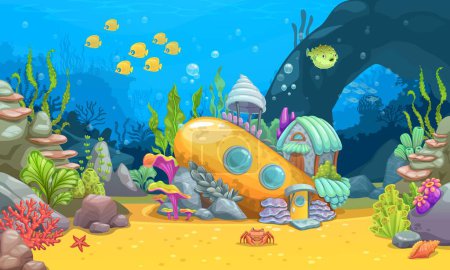 Illustration for Underwater landscape with sunken submarine. Cartoon vector sub boat house building. Undersea dwelling with portholes, roof, door, seaweeds and corals on sandy seafloor. Mermaid living architecture - Royalty Free Image