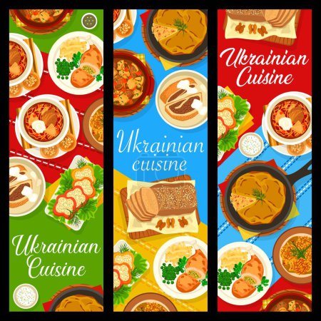 Illustration for Ukrainian food restaurant meals banners. Chicken Kiyv, buckwheat bread and meat vegetable stew, Borscht with pampushkas, sauerkraut casserole and potato pancakes, stuffed peppers, potato pie with meat - Royalty Free Image