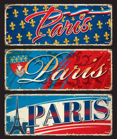 Illustration for Paris travel stickers and plates, France city luggage tags, vector grunge tin signs. France travel and tourism plates with Eiffel tower, Triumphal Arch landmark, French flag and Paris city emblem - Royalty Free Image
