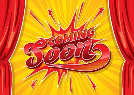 Illustration for Coming soon cartoon banner with red curtains and stage. Price discount promotion announcement, shop or store soon coming opening notification or sale marketing campaign halftone vector wallpaper - Royalty Free Image
