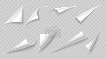 Illustration for Curly paper page corners, paper sheet turn curls and flips, vector sticker fold edges. Realistic paper page corner curls on transparent background with shadow, paper sheet rolled up peel corners - Royalty Free Image