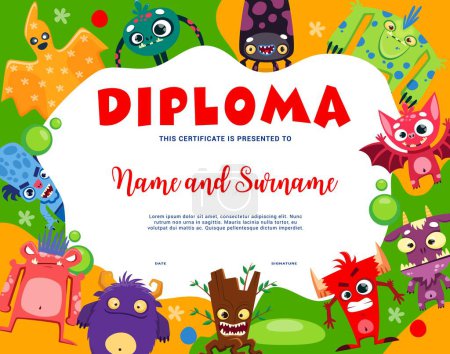 Illustration for Kids diploma, cartoon funny monsters characters, vector certificate award. Troll and alien animal creatures with cute cheerful bat, yeti or gremlin on school or kindergarten education diploma - Royalty Free Image