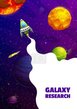 Illustration for Space landing page, rocket launch and galaxy planets. Vector background with rocket flying in fantasy alien cosmic world with planets or stars. Spacecraft engine travel in Universe, futuristic journey - Royalty Free Image