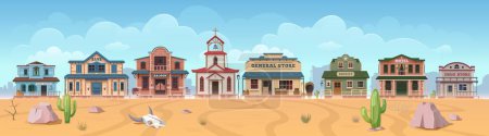 Western wild west town cartoon buildings. Vector Texas cityscape skyline with saloon, church or bank, bar, motel with general store, sheriff and post office. Traditional american architecture exterior
