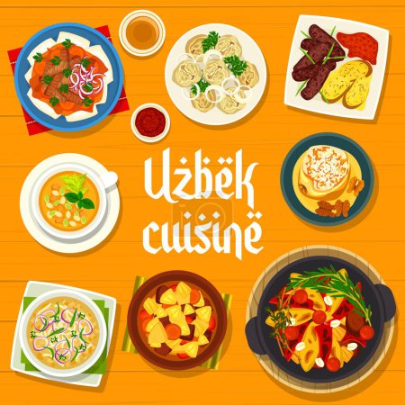 Illustration for Uzbek cuisine menu cover with food dishes and meals of Uzbekistan, vector lunch and dinner. Uzbek cuisine national dishes beshbarmak, manti dumplings and lagman soup with vegetable lamb stew - Royalty Free Image