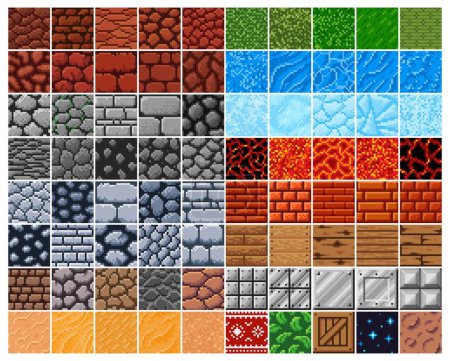 Illustration for Retro 8 bit pixel surface patterns, stone, brick and wooden box, sand and metal vector tiles. Rock, grass, water, ice and lava in 8bit pixel, pattern backgrounds for arcade game level or platform - Royalty Free Image