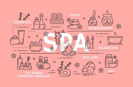Illustration for Spa and face beauty, skin health care, massage. Woman beauty salon, skin care cosmetics natural products shop outline icons or symbols with massage stones, hot bath and towels, aromatherapy oils - Royalty Free Image