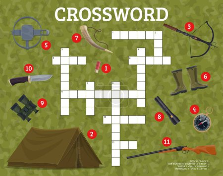 Illustration for Crossword quiz game grid. Hunting equipment and weapon. Educational kids vector worksheet with bullet, tent, crossbow, compass, trap and boots, horn, flashlight, binoculars, knife and gun on grass - Royalty Free Image