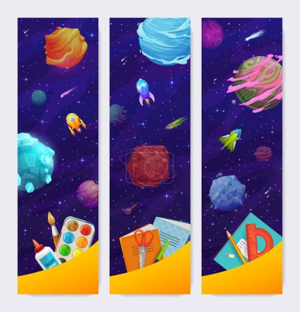 Illustration for Back to school banner with space landscape. Vector bookmark, vertical card templates with alien planets, shuttles, asteroids and comets with studying supplies paints, glue, paintbrush, notebook, ruler - Royalty Free Image