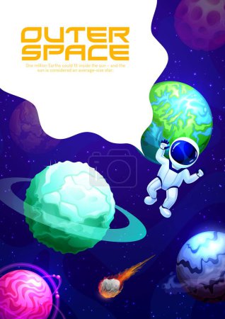 Illustration for Cartoon space landing page, galaxy planets and spaceman in sky, vector background. Galaxy universe website or web page and landing page template with cosmic astronaut in starry sky with meteorites - Royalty Free Image