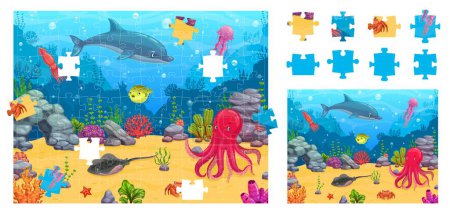 Illustration for Jigsaw puzzle game pieces, underwater landscape, vector cartoon undersea background. Puzzle grid with sea fish and ocean animals, dolphin and octopus, crab and jelly fish, coral reef jigsaw pieces - Royalty Free Image