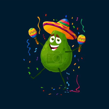 Illustration for Cartoon avocado character on holiday party in mexican sombrero with maracas. Cheerful mariachi musician artist fruit personage playing music on Cinco de Mayo festival with colorful falling confetti - Royalty Free Image