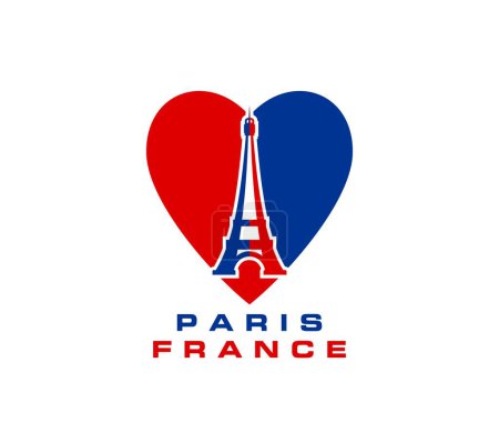 Ilustración de Torre Eiffel de París y el corazón de la bandera de Francia, icono del vector de amor francés. Francia viajes, city tour o turismo símbolo de arte de la torre Eiffel hito en el corazón amor silueta, impresión de moda francesa para camisa - Imagen libre de derechos