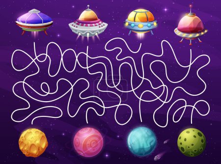 Illustration for Space labyrinth maze with cartoon UFO and galaxy planets, vector kids game worksheet. Labyrinth maze puzzle to find way for alien UFO saucers to galactic planets on tangled path quiz - Royalty Free Image