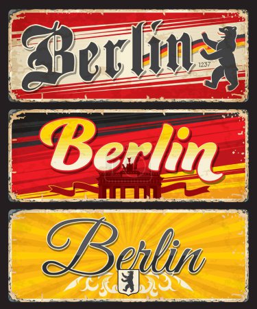 Illustration for Berlin travel stickers and plates or Germany city luggage tags, vector tin signs. Germany travel and tourism grunge plates with Berlin bear symbol, Brandenburg Gate landmark and city flag or emblems - Royalty Free Image