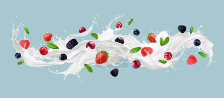 Ilustración de Salpicadura de ola de leche con bayas, vectores de alimentos lácteos y bebidas. Realista 3d que fluye remolino de leche, yogur o crema con gotas y frutas frescas. Ola cremosa con fresas, arándanos y frambuesas - Imagen libre de derechos