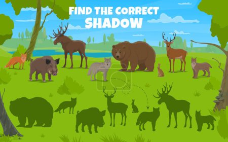 Illustration for Find correct shadow of cartoon hunting forest animals and birds. Vector game, riddle worksheet with wolf, boar, bear and deer, fox, hare, elk or lynx wildlife beasts on green lawn in summer wood - Royalty Free Image