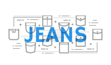 Illustration for Jeans denim and jacket pockets of pants or shirt seam pattern, vector icons. Apparel garments and wear pocket type shapes, jeans denim and jacket fabric pockets with stitch and buttons for sewing - Royalty Free Image