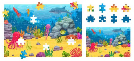 Ilustración de Rompecabezas juego de piezas, paisaje submarino. Pulpo vectorial, medusas, cangrejo, delfín y calamar, caballito de mar, pez globo y cangrejo en el fondo marino con arrecifes. Examen cognitivo para el desarrollo de la atención - Imagen libre de derechos