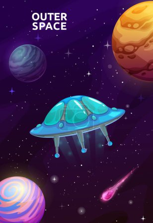 Ilustración de OVNI de dibujos animados en el espacio de galaxias estrelladas y planetas alienígenas, póster del vector del espacio exterior. Exploración de galaxias y aventura de vuelo espacial a planetas extraterrestres alienígenas y mundo galáctico con fantasía OVNI - Imagen libre de derechos