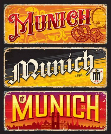 Illustration for Munich travel stickers and plates or Germany city luggage tags, vector tin signs. Germany travel and Bavaria tourism plates with Munich or Munchen cathedral landmarks and city flag or emblems - Royalty Free Image