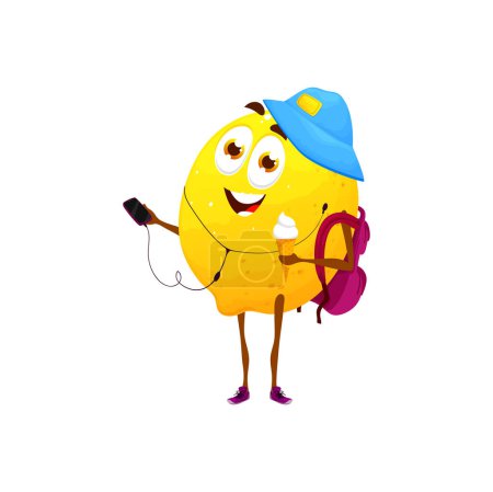 Illustration for Cartoon lemon character, isolated vector citrus fruit wear summer hat and rucksack listening music on smartphone and eating ice cream. Funny amusing food personage weekend outdoor recreation - Royalty Free Image