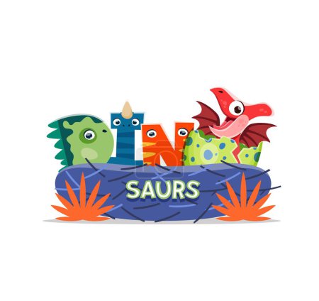Ilustración de Dibujos animados divertido personaje dinosaurio Pterodáctilo y huevo de dino. Dinosaurio extinto lindo, lagarto alegre del vector del bebé de la era jurásica. Personaje de reptil prehistórico de Pteranodon en cáscara de huevo - Imagen libre de derechos