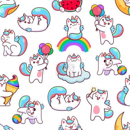 Ilustración de Dibujos animados divertido patrón inconsútil lindo caticorn. Vector repetido fondo con lindo unicornio gato personaje sentado en el arco iris o la nube, sosteniendo globos, jugando y haciendo hechizo azulejo kawaii fondo de pantalla - Imagen libre de derechos