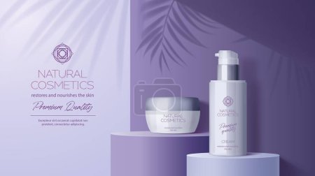 Illustration for Cosmetics purple podium or product ad display, vector 3D background template for beauty skincare moisturizer. Cosmetic cream bottle or container dispenser on purple podium with pam leaf shadow - Royalty Free Image