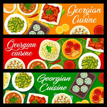 Illustration for Georgian cuisine food banners. Vector flatbread, beef tongue salad and baked green beans, tomato sauce Satsebeli, stuffed tomatoes and cabbage salad, cheese mint balls, beef with Tkemali sauce - Royalty Free Image
