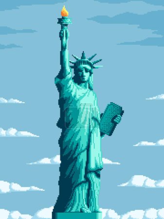 Illustration for Pixel liberty statue. NYC city architecture symbol, USA democracy and freedom memorial and United States of America liberty statue vintage arcade, 8bit game vector pixelated background or wallpaper - Royalty Free Image
