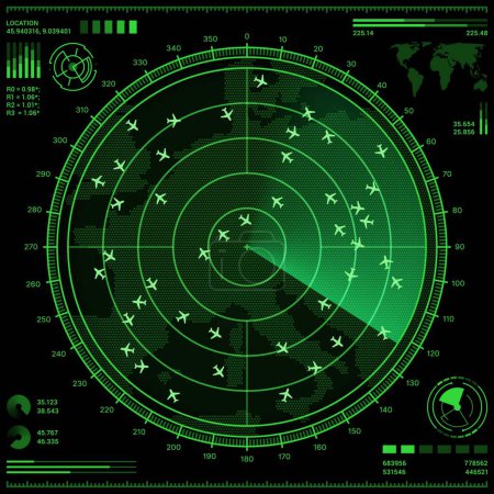 Pantalla de radar de control aéreo con aviones y mapa del mundo. Vector HUD ui del sistema de control de tráfico aéreo, navegación aérea y seguimiento de vuelo pantalla digital interfaz futurista con escaneo de radar verde