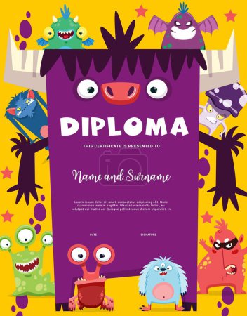Illustration for Kids diploma with cartoon funny monsters and creature characters, vector kindergarten certificate. Cheerful bizarre alien monsters, furry yeti and gremlins on school diploma or award background - Royalty Free Image