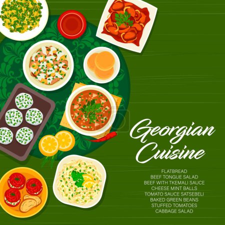 Illustration for Georgian cuisine menu cover design template. Vector cheese mint balls, tomato sauce Satsebeli, baked green beans, beef with Tkemali sauce, beef tongue salad, stuffed tomatoes,cabbage salad, flatbread - Royalty Free Image