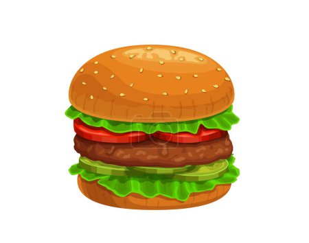 Ilustración de Hamburguesa de dibujos animados o hamburguesa, sándwich de comida rápida con empanada de carne y bollos, icono de la comida vectorial. Hamburguesa o hamburguesa con lechuga, pepino y tomate, merienda de abejas americanas e icono de menú de restaurante barbacoa - Imagen libre de derechos
