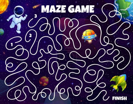 Illustration for Kids space labyrinth maze, help astronaut to find spaceship in galaxy, vector game worksheet. Labyrinth maze puzzle to help to spaceman to find way to rocket and escape alien UFO in galaxy - Royalty Free Image