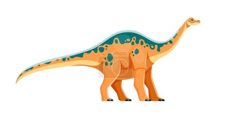 Téléchargez les illustrations : Caricature Apatosaurus dinosaure personnage. Ancienne créature de la faune ou lézard, reptile de l'ère Jurassique ou animal isolé vecteur personnage drôle. Dinosaure maculé herbivore éteint avec long cou et queue - en licence libre de droit