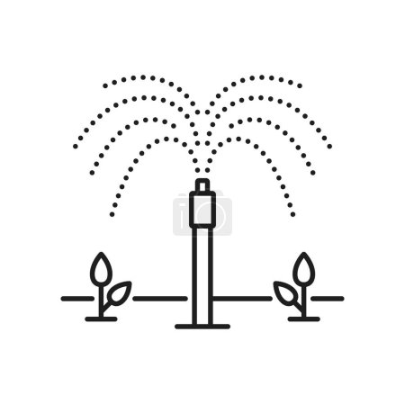 Illustration for Garden and field irrigation system icon. Plants aquaponics drip water, farm irrigation automatic system or seedling sprinkling technology vector sign. Agriculture watering equipment outline pictogram - Royalty Free Image