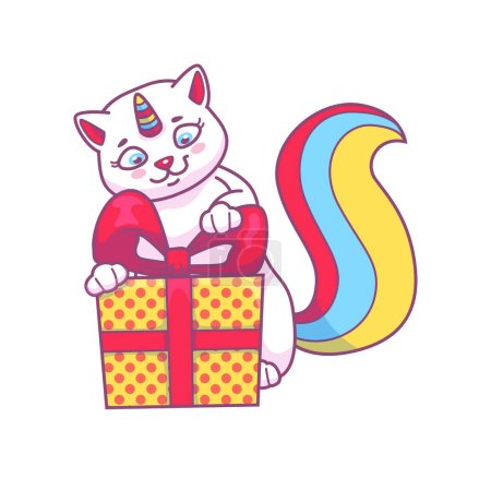 Illustration for Cute cartoon caticorn character with gift box, funny cat unicorn, vector kitty. Caticorn with rainbow tail and gift box with ribbon for birthday party or Valentine holiday cartoon cute character - Royalty Free Image
