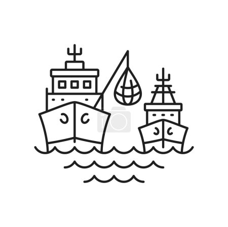 Téléchargez les illustrations : Expédition bateau industrie des fruits de mer icône de ligne isolée. Bateau de pêche vectoriel ou bateau avec des poissons en filet. Pêche maritime, industrie navale - en licence libre de droit