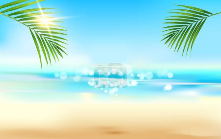 Illustration for Realistic summer beach tropical landscape with sea waves, palm leaves and sand, vector background. Ocean island, water lagoon and sun in sky, palm leaf and sunshine or sunlight flares in paradise - Royalty Free Image