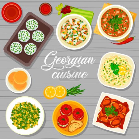 Illustration for Georgian cuisine menu cover vector template. Beef tongue salad, beef with Tkemali sauce and tomato sauce Satsebeli, baked green beans, flatbread and stuffed tomatoes, cabbage salad, cheese mint balls - Royalty Free Image