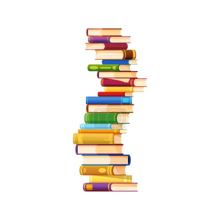 Stack of books, isolated vector pile of cartoon textbooks with colorful covers and variety of sizes and colors. Well organized neatly arranged and balanced literature heap for education and reading