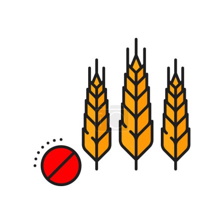 Illustration for Gluten allergy color line icon. Allergic diet, nutrition ingredient prohibition or intolerance, food allergy vector pictogram. Food product allergen outline sign with wheat or cereal plant ears - Royalty Free Image