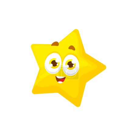 Téléchargez les illustrations : Caractère d'étoile de bande dessinée avec expression joyeuse, corps jaune en forme d'étoile, visage souriant ludique et rayons pointus. Personnage vectoriel mignon pour livre ou jeu pour enfants avec des yeux expressifs et une apparence drôle - en licence libre de droit
